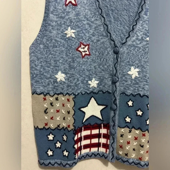 BOBBIE BROOKS Vintage Women’s Blue Knit Vest Stars Flag Red White Patriotic XL - Picture 3 of 10